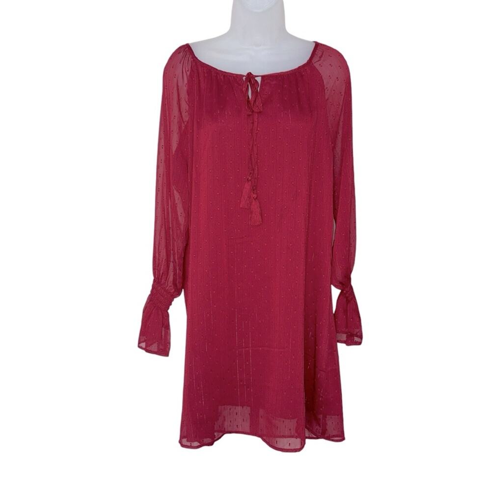 MI AMI Women’s Burgundy Gold Thread Long Semi Sheer Sleeve Mini Dress